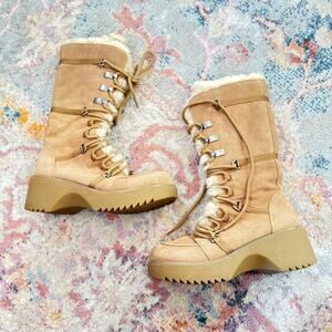 Y2K inspired tan fuzzy suede boots